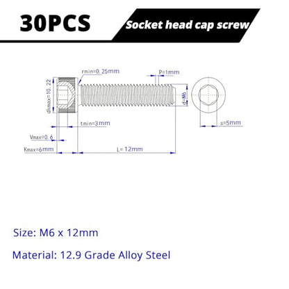 M6-1.0 x 12mm Socket Head Cap Screws Cap Bolts, 12.9 Grade Alloy Steel Black Oxide, Allen Socket Drive, Machine Full Thread, 30 PCS (8mm-80mm Available) - size: M6x12mm(30PCS)