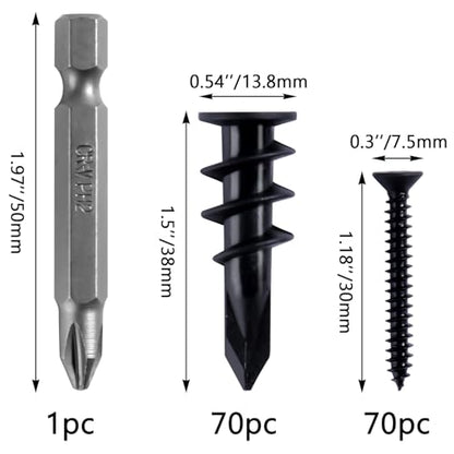 140PCs #8 Self Drilling Drywall Anchors, Heavy Duty Dry Wall Anchors and Flat Head Screws Kit, 75LB Hanging for Picture Frames, Wall Decor Art and Curtain Rods, Sheetrock Hangers - Black