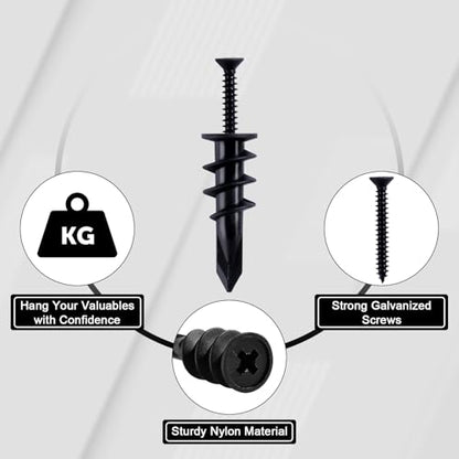 140PCs #8 Self Drilling Drywall Anchors, Heavy Duty Dry Wall Anchors and Flat Head Screws Kit, 75LB Hanging for Picture Frames, Wall Decor Art and Curtain Rods, Sheetrock Hangers - Black