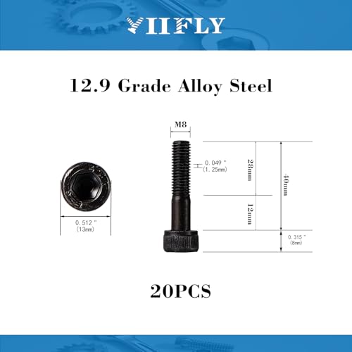 M8-1.25 x 40mm Socket Head Cap Screws, M8 Bolts, 12.9 Grade Alloy Steel, Allen Socket Drive, Black Oxide Finish, Half Thread, Quantity 10 - size: M8 x 40mm(10PCS)