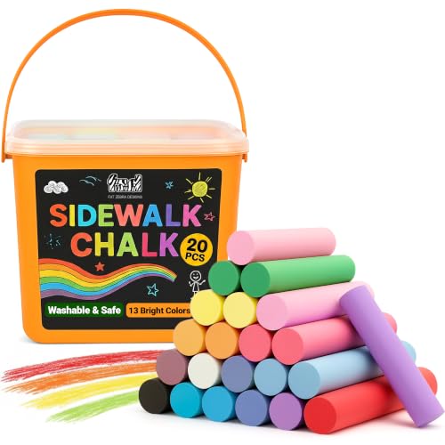 20 PCS Sidewalk Chalk for Kids - 13 Colors Bucket - Non-Toxic Washable Jumbo Chalks - Bulk Colored Set for Kids & Toddlers Outdoor Play, Chalkboard Art - Easy Carry & Mess-Free Storage