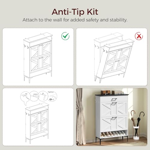 MAHANCRIS Shoe Cabinet with 2 Flip Drawers, Farmhouse Shoe Storage Cabinet for Entryway, Freestanding Narrow Shoe Organizer Cabinet with Adjustable Shelves for Entrance, Black and White SHBB20201