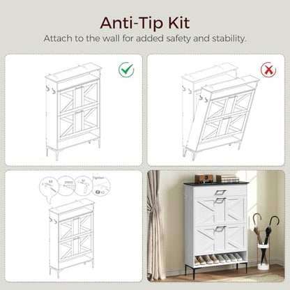 MAHANCRIS Shoe Cabinet with 2 Flip Drawers, Farmhouse Shoe Storage Cabinet for Entryway, Freestanding Narrow Shoe Organizer Cabinet with Adjustable Shelves for Entrance, Black and White SHBB20201