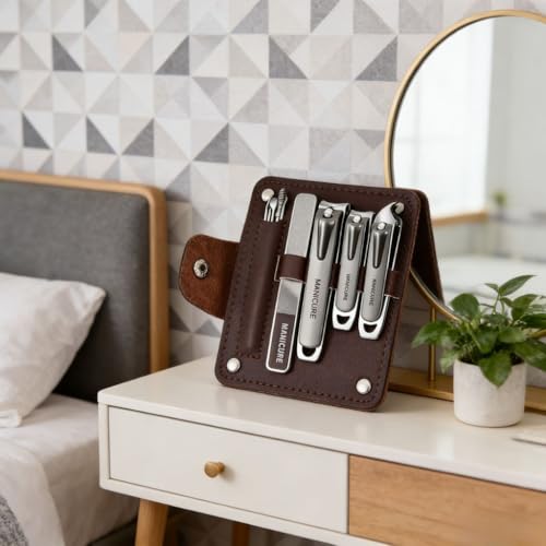 10 Pcs Folding Leather Nail Clipper, Portable Manicure Kit with Case,Brown | Compact Nail Care Set with Multiple Clippers & Files, Durable Travel Case, Ideal for Manicure, Pedicure & Personal Grooming