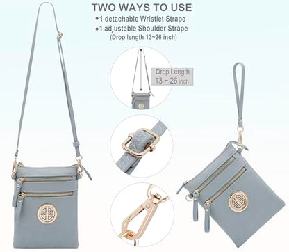 Solene Small Multi Zipper Pockets Crossbody Bag with Detachable Wristlet - color: Blue Grey