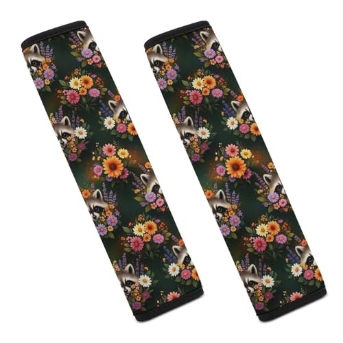 Soft Padded Car Seat Belt Pad for Elderly Support, Stroller Pushchair High Chair, 2 Pack Cute Raccoon with Colorful Floral Shoulder Harness Cover Anti-Slip Pad - color: Pattern 608
