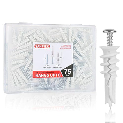 Wall Hanging kit, Suitable for Wall Art Decor Frame Curtain Rods, 120 Pieces #8 Gypsum Board Anchor Replacement Picture Hangers, 60 Drywall Anchors and 60 8 x 1-1/4'' Screws,