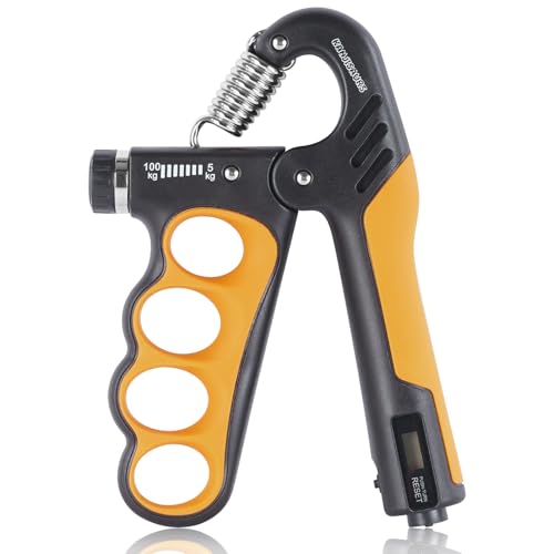 Grip Strength Trainer, Adjustable Resistance Forearm Strengthener with 11-220Lbs (5-100KG), Digital Counter, Ergonomic Hand Gripper Strengthener for Musicians, Athletes & Injury Recovery - color: Orange