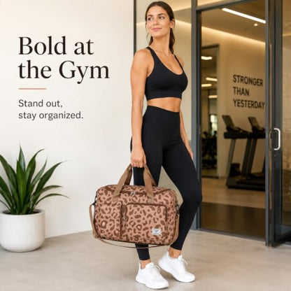 FIORETTO Women's Gym Duffle Bag with Shoes Compartment, 30L Capacity, Ideal for Travel, Gym, Sports, Duffel, Weekender - color: Leopard Brown, style: Gym Bag With Toiletry Bag