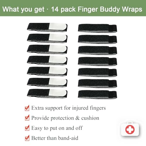 14 Pack Buddy Straps for Fingers Buddy Loops Hook-and-Loop Finger Support for Injured, Jammed, Mallet, Trigger Finger - Adjustable & Reusable - color: Black -14 pack