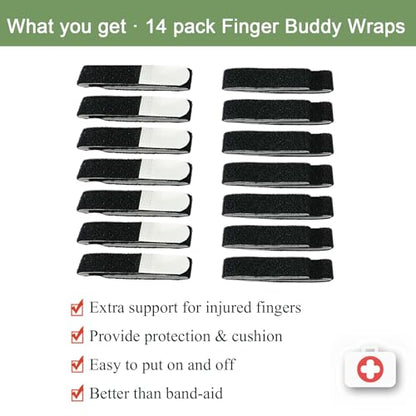 14 Pack Buddy Straps for Fingers Buddy Loops Hook-and-Loop Finger Support for Injured, Jammed, Mallet, Trigger Finger - Adjustable & Reusable - color: Black -14 pack