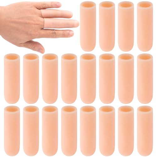 PAGOW 20 Pcs Gel Finger Support Protector Caps Gloves, Silicone Fingertips for Hands Cracking, Large Gel Finger Cots/Covers, Eczema Skin, Trigger Finger Arthritis Pain Relief - color: [20pcs Long] Small, Beige