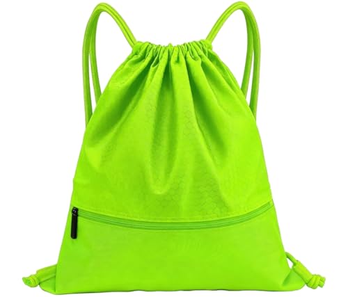 Sports Drawstring Backpack for Men, Waterproof Swim Gym Bag with Shoes Compartment for Women, Lightweight Pull String Sport Bag for Swim, Soccer, Green&Medium - color: Green, size: Medium