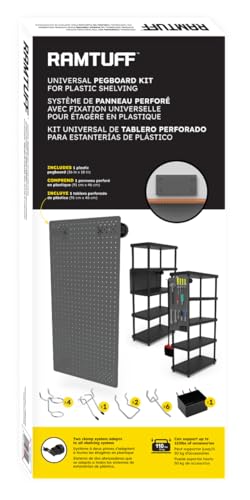 Ramtuff Universal PegBoard Kit for Plastic Shelving- Garage Storage Organizer with 14 Pegboard Accessories - Easy to Install