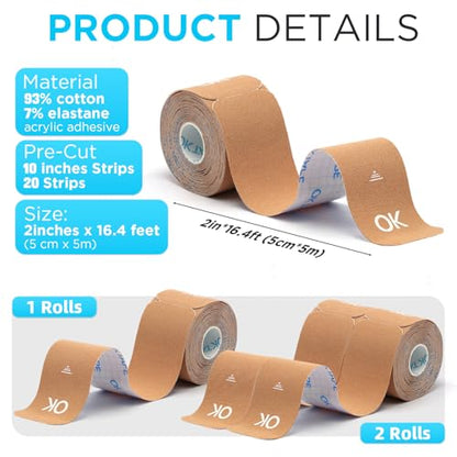 OK TAPE Precut Elastic Kinesiology Tape, 20 Strips, 2inch x 16ft, 2 Rolls | Sensitive Skin Friendly Latex Free Hypoallergenic Athletic Tape Roll for Muscle Joint Knee Waterproof Lime - color: Lime, size: 2 Rolls