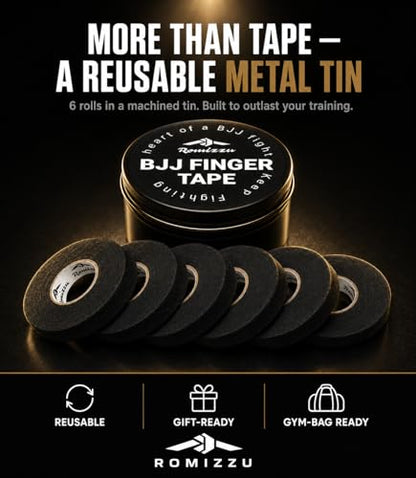 BJJ Finger Tape with Metal Storage Tin – 6 Rolls 26ft x 0.3in | Jiu Jitsu Grappling Tape | Strong Finger Support | Breathable Cotton | Residue-Free | MMA Wrestling Rock Climbing Black - color: Black