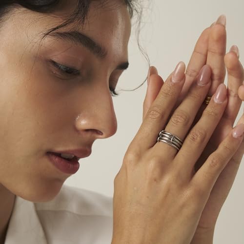 Shapes Studio Trio Linked Ring, stackable Ring, Minimalism style for women, Never Tarnish - size: 6, style: Five Band( all silver)