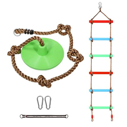 RedSwing Rope Ladder and Pro 3-in-1 Disc Swing Seat Combo, Climbing Ladders for Swingset, Hanging Rope Ladder with Strap and Snap Hook, Great for Play Set, Outdoor, Tree House, Playground - color: Light Green + Rainbow