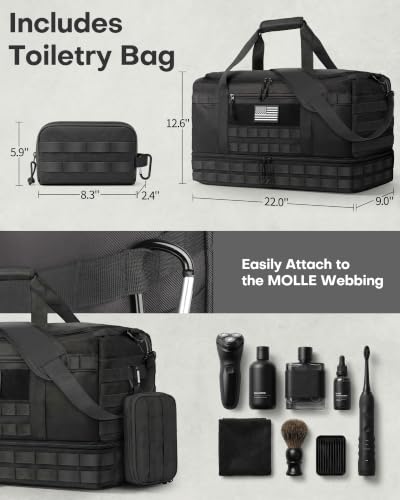 HOTOR Tactical Travel Duffel Bags for Men & Women with MOLLE Toiletry Pouch | 45L, Overnight, Weekender, Gym, Camping, Shoe Compartment, Carry-On Friendly, Versatile, Black, 22.0" x 12.6" x 9.0"