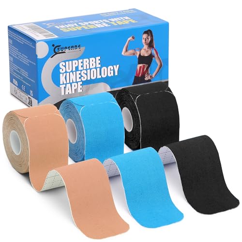 Kinesiology Tape Precut - K Taping Strips - Cintas Kinesiologicas for Pain Relief, Muscle Support & Injury Recovery, Waterproof, Breathable, Latex Free, 2 Inch x 16.5 feet (3 Rolls Pack) - color: Beige,black,blue