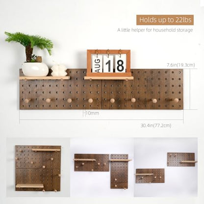 Brown Wood Pegboard Modular Set of 2 | Includes wall hooks & shelf, for home/office/bathroom storage - color: Brown