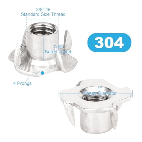 3/8"-16 T-Nuts (20 Pack), 304 (18-8) Stainless Steel, 7/16" Barrel Length, 4-Pronged Tee Nut for Wood, Rock Climbing Holds, Cabinetry - size: 3/8"-16 20pcs, 304