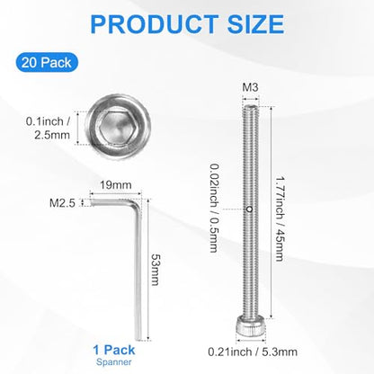 M METERXITY 20-Pack M3 x 45mm Socket Head Cap Screws, 304 Stainless Steel Hex Machine Bolts, Allen Socket Drive Screw with Hex Wrench for Repair/DIY, Fully Threaded Fasteners Kit [Silver] - size: M3 x 45mm
