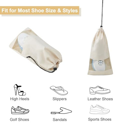 4 Pcs Single Shoe Bags for Travel, Drawstring Shoe Bags with Clear Window | 9.1"x17.7" Fits Most Shoes, Dust Resistant, Washable & Reusable, Travel Shoe Storage Bags for Men & Women - color: Beige