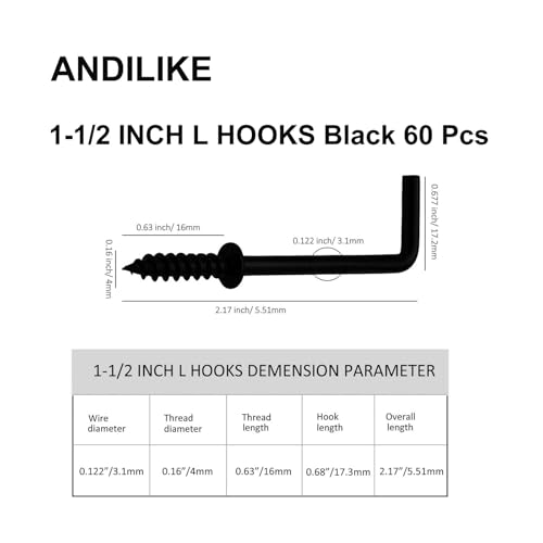60 PCS 7 Shaped Right Angle Screw Hooks,Black 1-1/2 Inch Screw in L Shaped Hooks for Hanging Lamp,Plants,Decorations,kitchenware and DIY Crafts - size: 1-1/2inch 60pcs