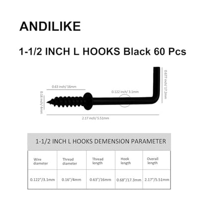 60 PCS 7 Shaped Right Angle Screw Hooks,Black 1-1/2 Inch Screw in L Shaped Hooks for Hanging Lamp,Plants,Decorations,kitchenware and DIY Crafts - size: 1-1/2inch 60pcs