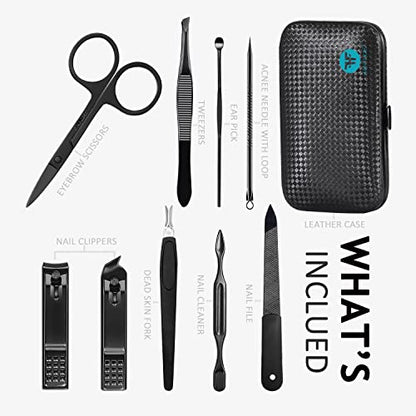 HANTEKAS Manicure Set 9 in 1 Stainless Steel, Nail Clippers Scissors Pedicure Tools Kit - Portable Travel Grooming Kit for Men and Women with Leather Case (Blue-BIG Nail Clipper) - color: Blue-big Nail Clipper