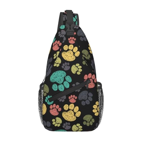 Colorful Paw Print Crossbody Sling Bags for Women Men Rainbow Puppy Dog Paws Doodle Style Travel Sling Backpack Casual Chest Shoulder Bag Cute Animal Footprint Gym Sports Hiking Daypack - color: Green Yellow