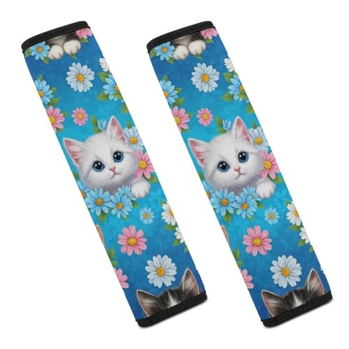 2PCS Breathable Seat Belt Cover for Adults and Children, Most Cars, Animal Blue Flower Cute Kitten Cats Shoulder Harness Cover, Shock Absorption - color: Pattern 322