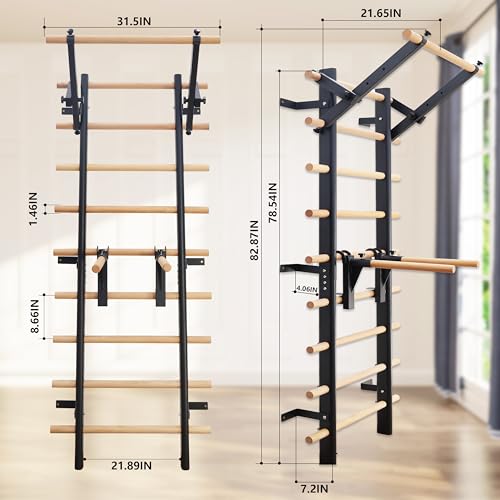 Stall Bars, Swedish Ladder for Adult and Kids, Wall Bar with Solid Beech Wood Rods, Durable Steel Frame, Adjustable Pull Up and Dip for Strength, Flexibility at Home Gym, Studio - color: Black