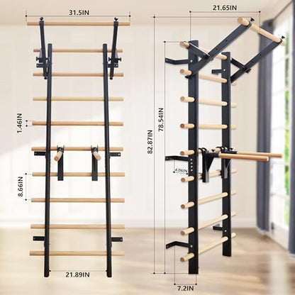 Stall Bars, Swedish Ladder for Adult and Kids, Wall Bar with Solid Beech Wood Rods, Durable Steel Frame, Adjustable Pull Up and Dip for Strength, Flexibility at Home Gym, Studio - color: Black
