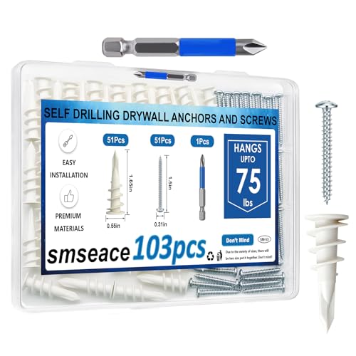 smseace 103Pcs Self Drilling Drywall Anchors with Screws Kit, 51Pcs #8-1-1/2” Self-Tapping Screw, 51Pcs Drywall Anchor, 1Pcs Drill bit Holds Upto 75lbs - color: White
