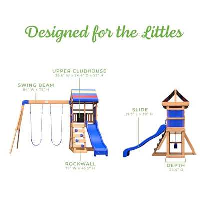 Backyard Discovery Bay Pointe Cedar Wood Swing Set with Wave Slide, Play Deck, Rock Wall Ladder, Belt Swings, Chalkboard, Canopy Roof, Outdoor Playset - color: Blue