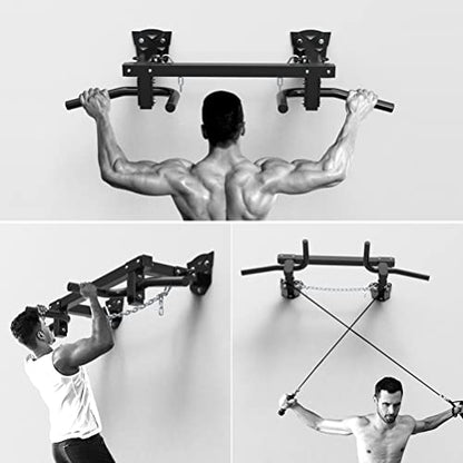 Wall-Mounted Pull-Up Bars/Climbing Frames, Steel Fitness Bar with 4 Rings and 4 Handles, Resistance Band Sandbag Suspension Equipment