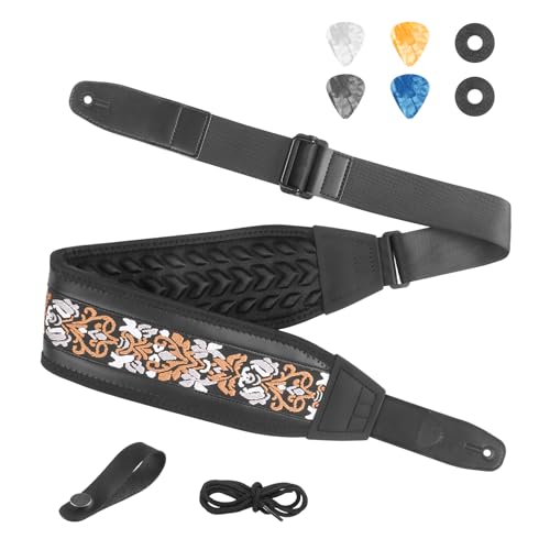 Bass Guitar Strap, Jacquard Embroidery Guitar Straps with Head Cowhide Leather Ends for Bass, Electric & Acoustic Guitars, Comes with Complete Accessories, Comfortable and Intimate, Vintage Brown - color: Vintage Brown