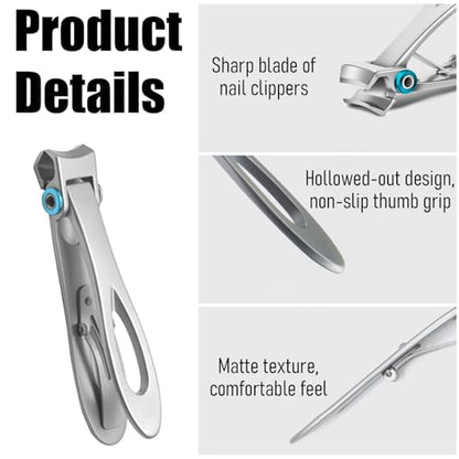 Bestac Heavy Duty Ultra Wide Jaw Nail Clippers Set - Stainless Steel Toenail Clippers for Thick Nails, Seniors, Men & Women - Big Manicure Pedicure Nail Cutter Kit (Silver) - color: Silver