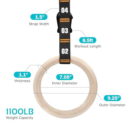 Vulken Wooden Gymnastic Rings with Adjustable Numbered Straps. 1.1'' Olympic Rings for Core Workout and Bodyweight Training. Home Gym Rings 1600lbs with Workout Handles