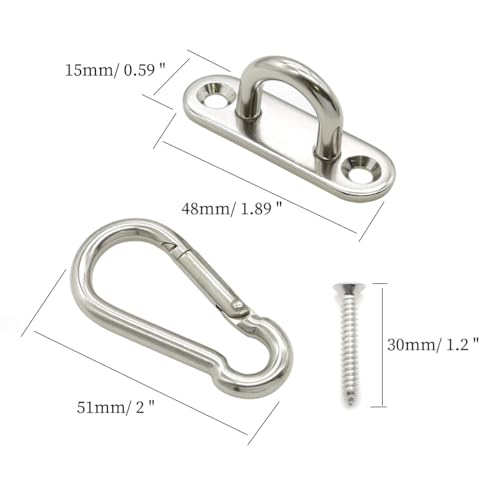 6 Pcs Stainless Steel 1.89 Inch Strip Type Eye Plate and 6 Pcs Stainless Steel Snap Hook for Ceiling Hook Loop Wall Mount Hanging Hardware Fitting