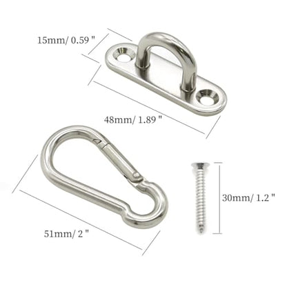 6 Pcs Stainless Steel 1.89 Inch Strip Type Eye Plate and 6 Pcs Stainless Steel Snap Hook for Ceiling Hook Loop Wall Mount Hanging Hardware Fitting