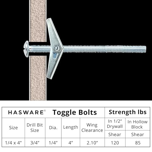HASWARE Toggle Bolt Zinc Plated Steel and Wing Nut for Hanging Heavy Items on Drywall 1/4x4 (8 Pack) - size: 1/4x4" (8 Pack)