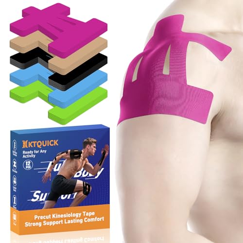 KTQUICK Precut Kinesiology Tape for Shoulder, 12 PCS, 20% Stronger Adhesive | Pink, Precut Shoulder Support Tape with Premium Cotton, Breathable, Waterproof, Latex-Free Athletic Tape for Training&Sports - color: Pink, size: 12PCS