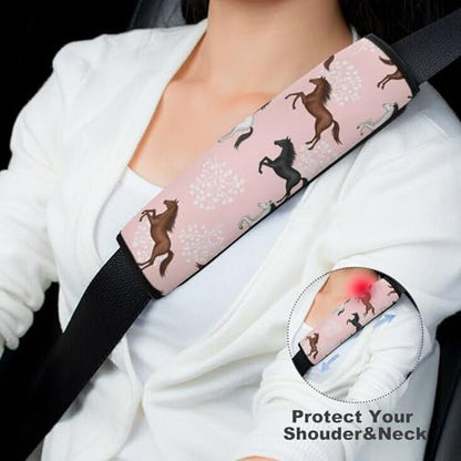 2PCS Grey White Brown Horses Flowers Pink Seat Belt Cover Breathable Seat Belt Cushion for Adults and Children, All Vehicles, Comfortable Driving - color: Pattern 1080