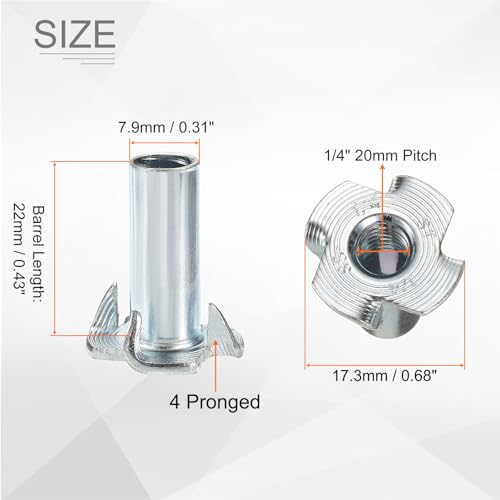 HARFINGTON 1/4x11mm T-Nuts 4 Pronged Tee Nut 0.68" x 0.43" Half Thread Carbon Steel Inserts for Wood, Rock Climbing Holds, Cabinetry, Furniture 50pcs - size: 1/4" x 0.43" x 0.68" x 0.43"