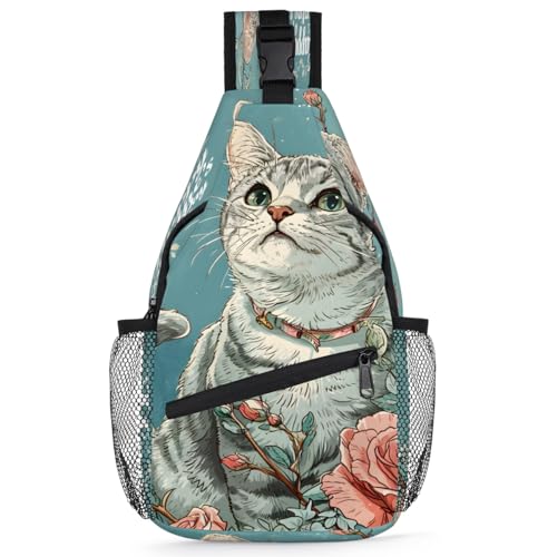 Cats Rose Sling Bags for Women Men, Waterproof Crossbody Sling Backpack Travel Outdoor Sports Chest Bag - color: Multicolor