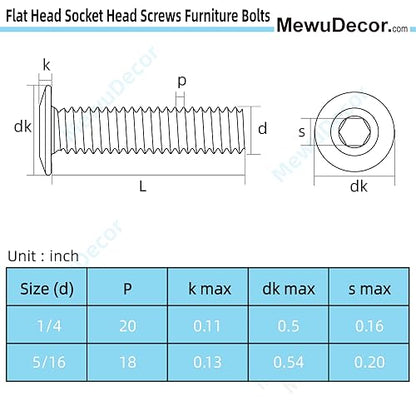 1/4-20 x 1/2" Flat Head Socket Head Screw Furniture Bolts Countersunk Connector Screws, Stainless Steel 18-8 (304), Black Oxide, Fully Threaded, 25 PCS - size: 1/4-20 x 1/2"