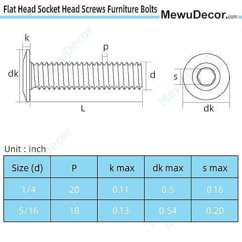 1/4-20 x 5/8" Flat Head Socket Head Screw Furniture Bolts Countersunk Connector Screws, Stainless Steel 18-8 (304), Black Oxide, Fully Threaded, 25 PCS - size: 1/4-20 x 5/8"